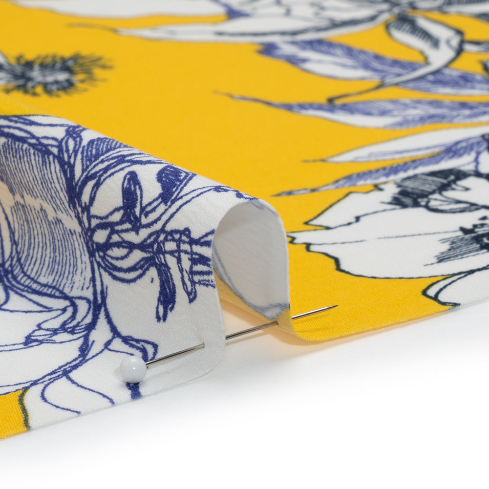 Polyester Satin-Backed Crepe - Yellow, Navy and Black Floral Sketches - Made in Italy - Joann Fabrics