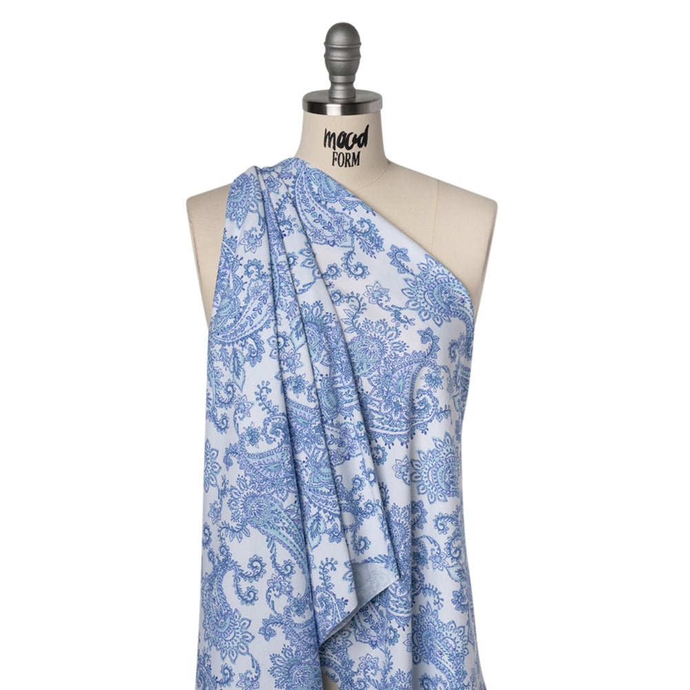 Cotton and Polyester Jersey Print - White, Blue and Mint Green Paisley - Deadstock - Joann Fabrics