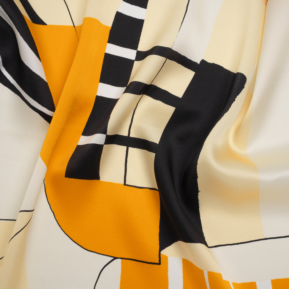 Silk Charmeuse Print 16MM, Made in Italy - Off White, Golden Yellow and Black Abstract - Joann Fabrics