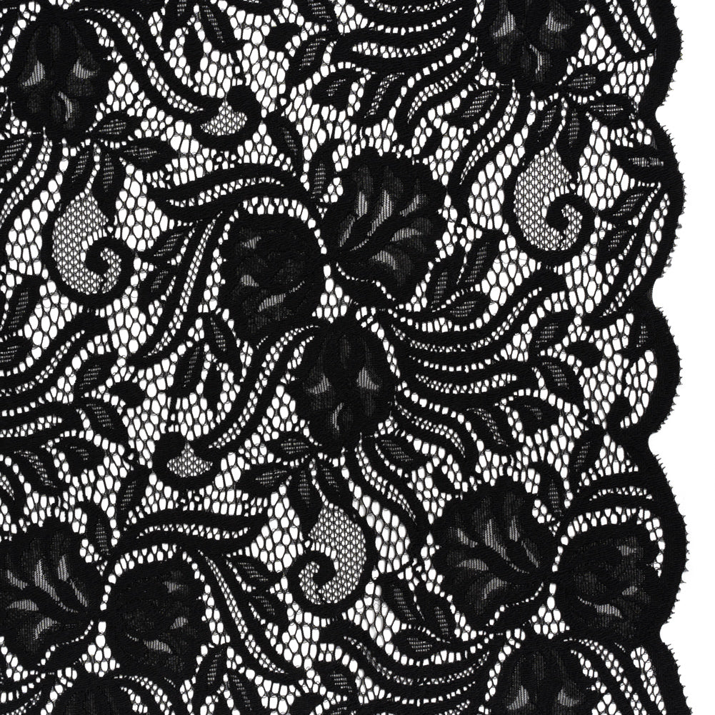 Re-Embroidered Stretch Lace with Finished Edges - Black Blossom Trios and Leaves - Tatiana Collection - Joann Fabrics