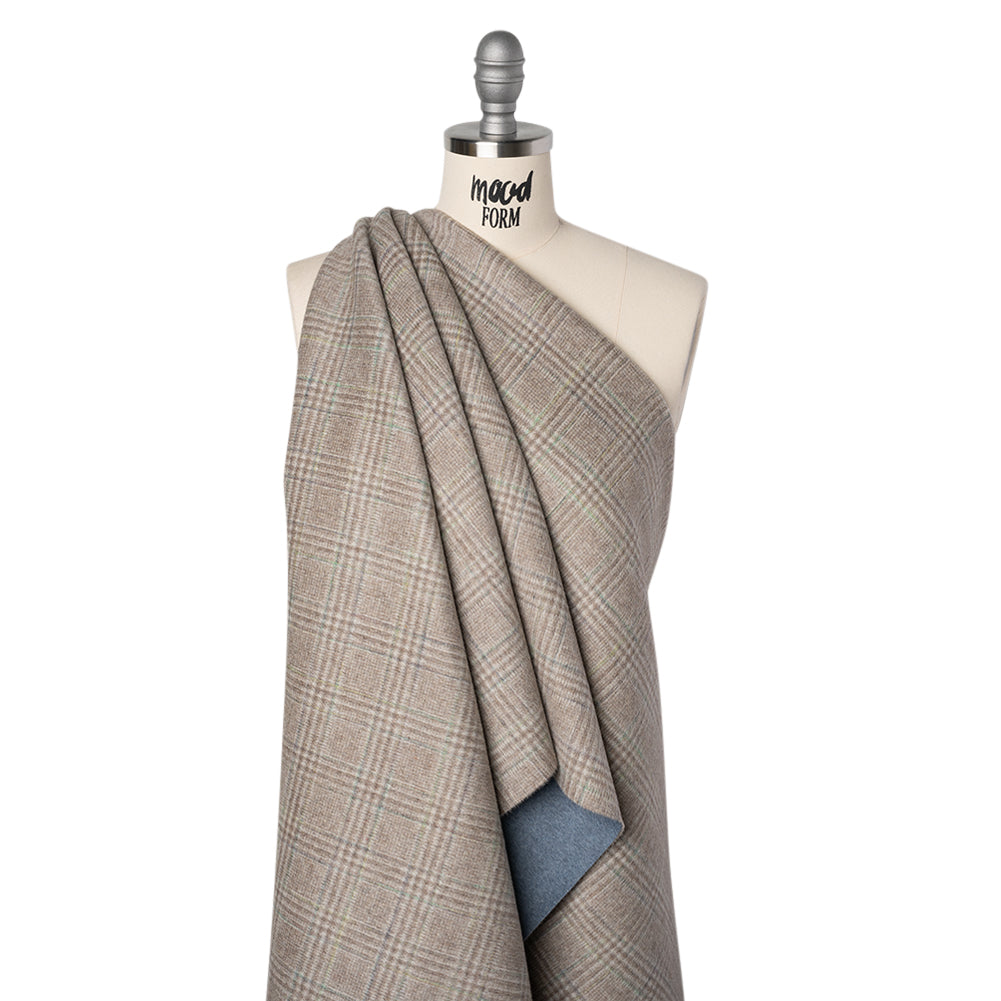 Brushed Wool Double Cloth Coating - Beige, Brown and Green Glen Plaid and Muted Blue Heathered - Deadstock - Joann Fabrics