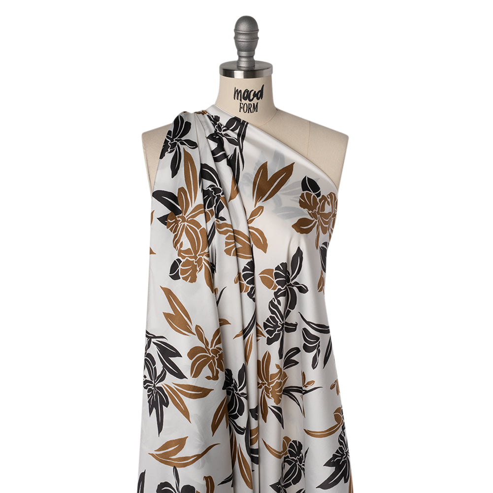 Stretch Polyester Charmeuse Print - White, Black and Brown Daffodils - Designer Deadstock - Joann Fabrics