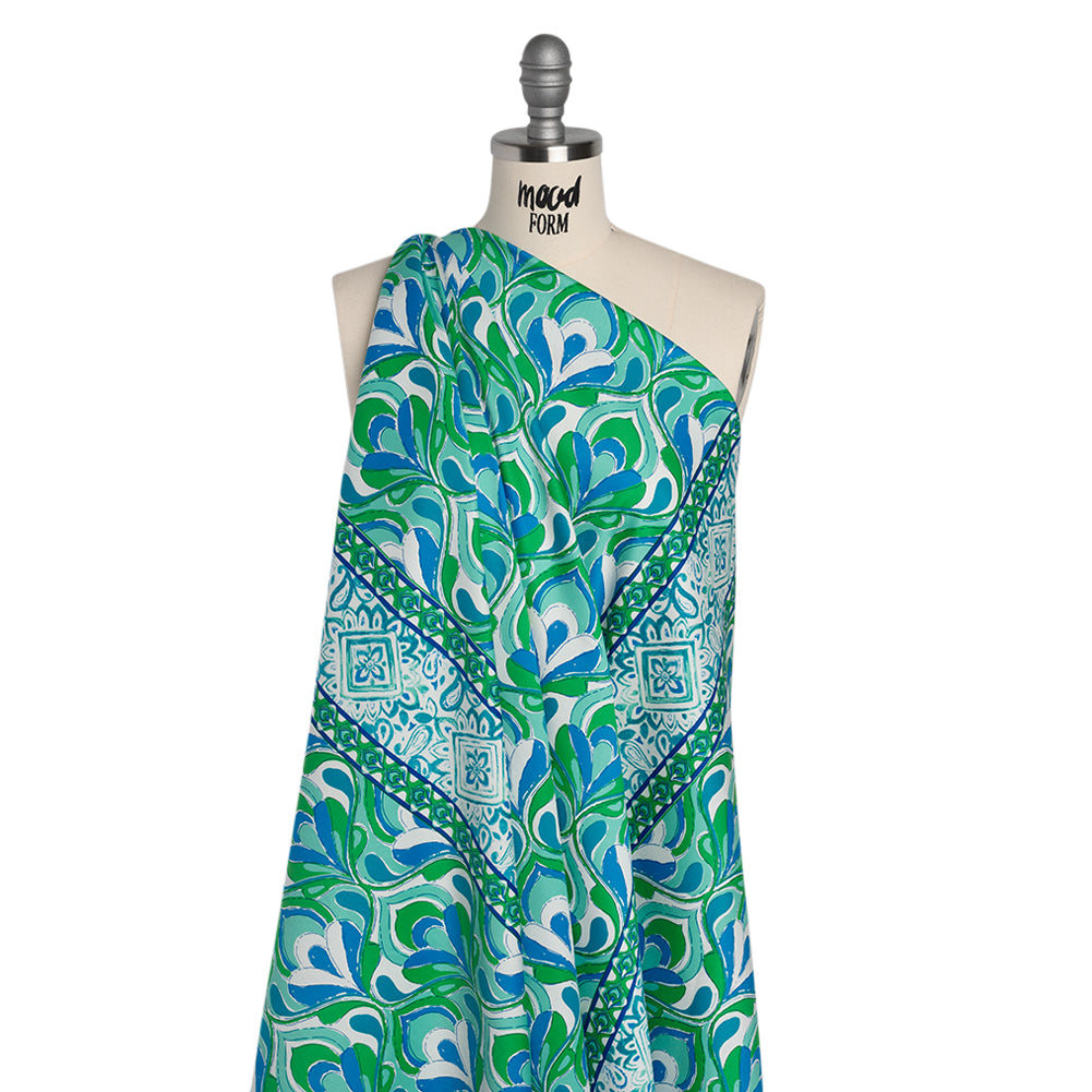 Stretch Cotton Sateen Panel - Blue and Green Floral Ogees and Paisley Stripes - Designer Deadstock - Joann Fabrics