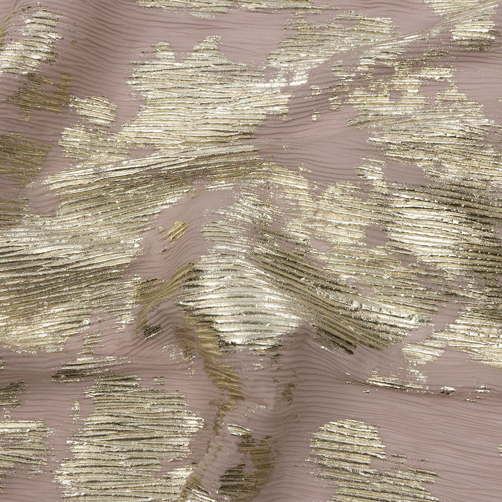 Polyester Chiffon Plisse with Abstract Gold Foiling - Tan - Aralia Collection - Joann Fabrics