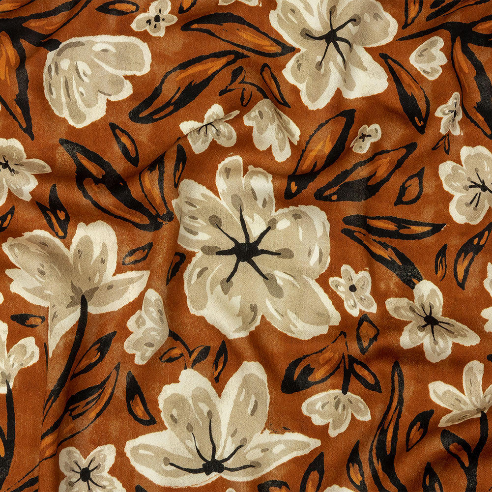 Rayon Challis - Burnt Orange Painterly Floral - Orange Wildflower Walk Print - Mood Exclusive Rockland Collection - Joann Fabrics