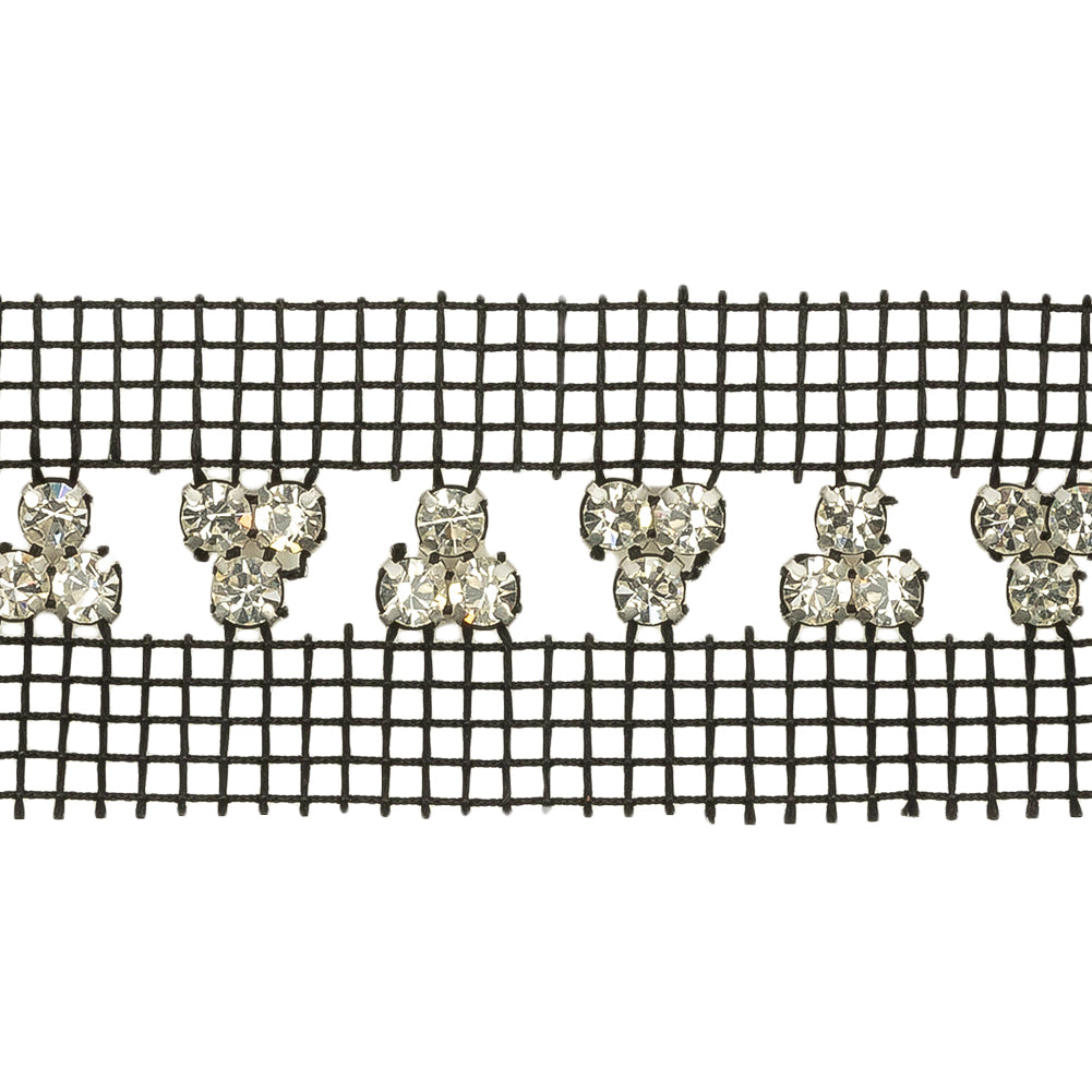 Vintage Crystal and Silver Rhinestone Trio Trimming on Black Mesh - 1.375