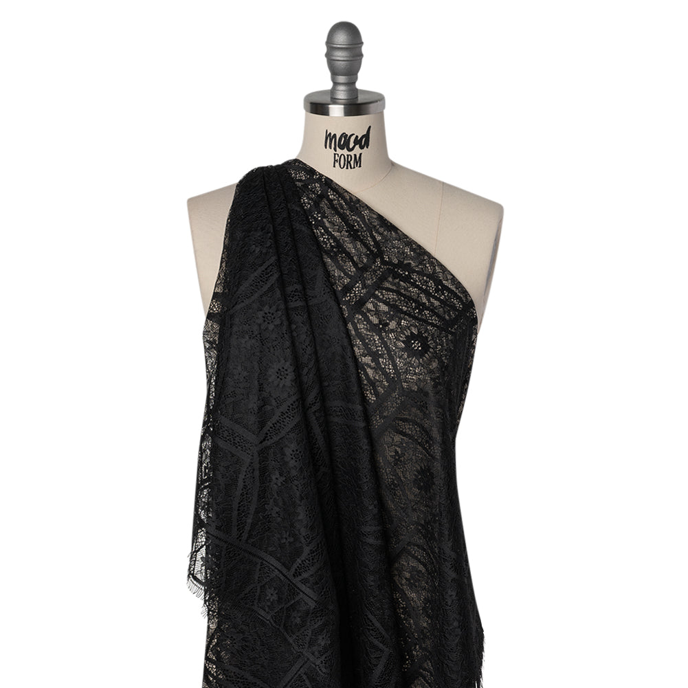 Raschel Lace Panel with Finished Edges - Black Geometric and Floral - Joann Fabrics