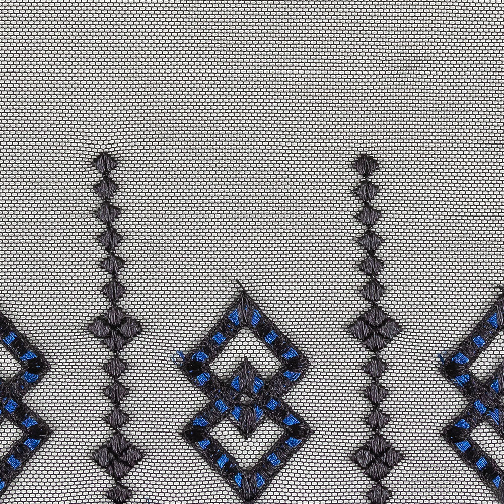 Black and Estate Blue Diamonds Embroidered Mesh Lace Trim with Finished Scalloped Edge and Ribbon Insertion - 8