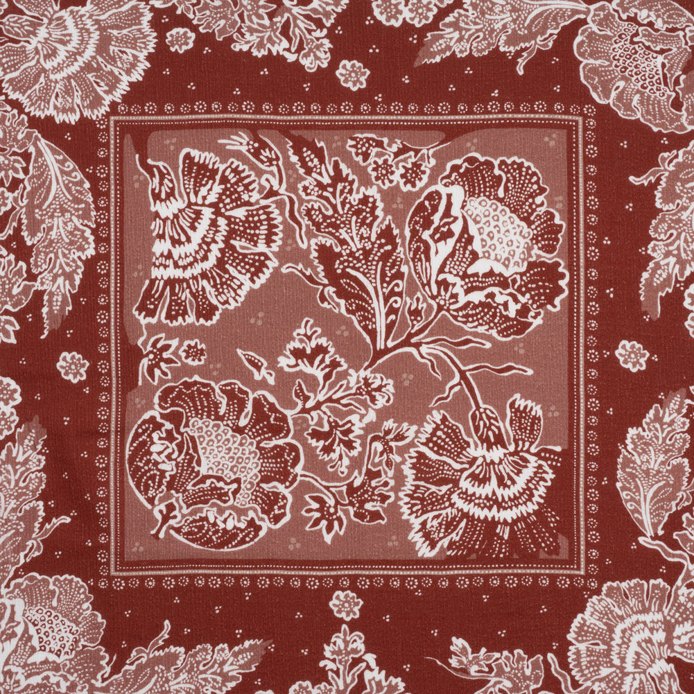 Slubbed Gauzy Cotton Woven - Brick Red and Dusty Rose Floral Handkerchief Panel - Mood Exclusive Needlepoint Picnic Print - Joann Fabrics