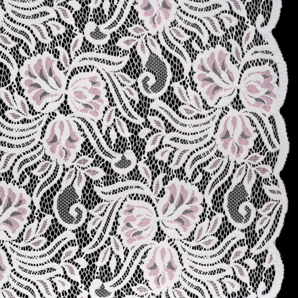 Re-Embroidered Stretch Lace with Finished Edges - Ivory and Roseate Pink Blossom Trios and Leaves - Tatiana Collection - Joann Fabrics