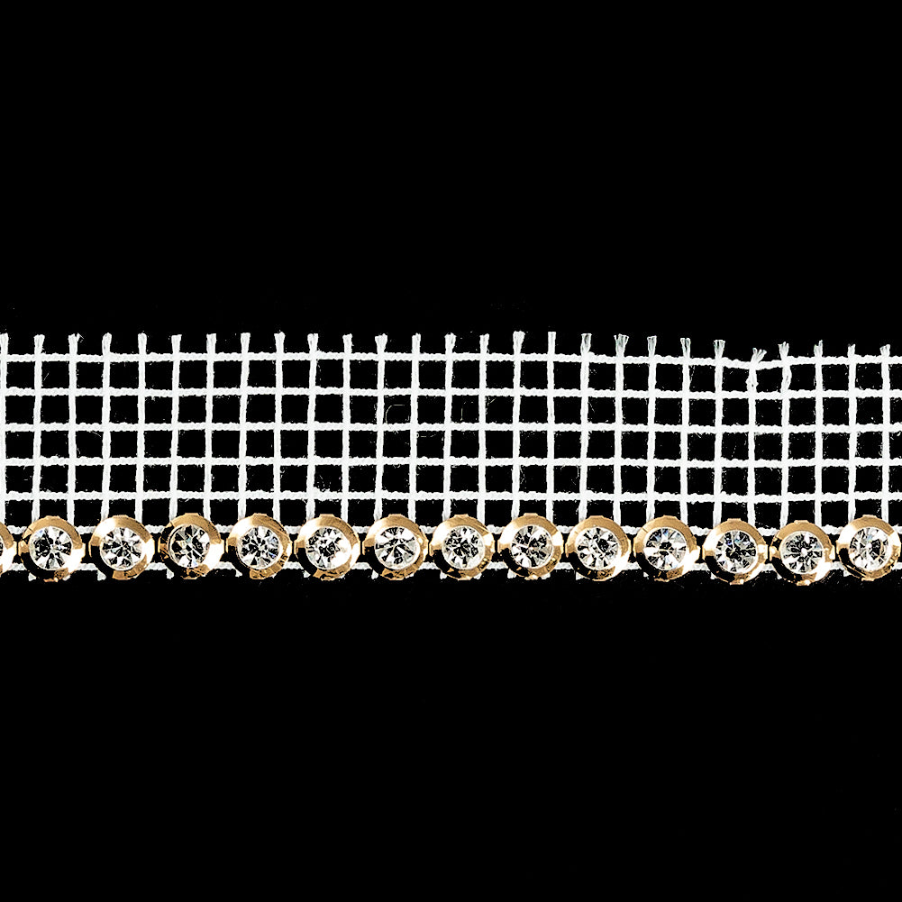 Vintage Crystal and Gold 1 Row Circular Rhinestones on White Mesh Trimming - 0.75