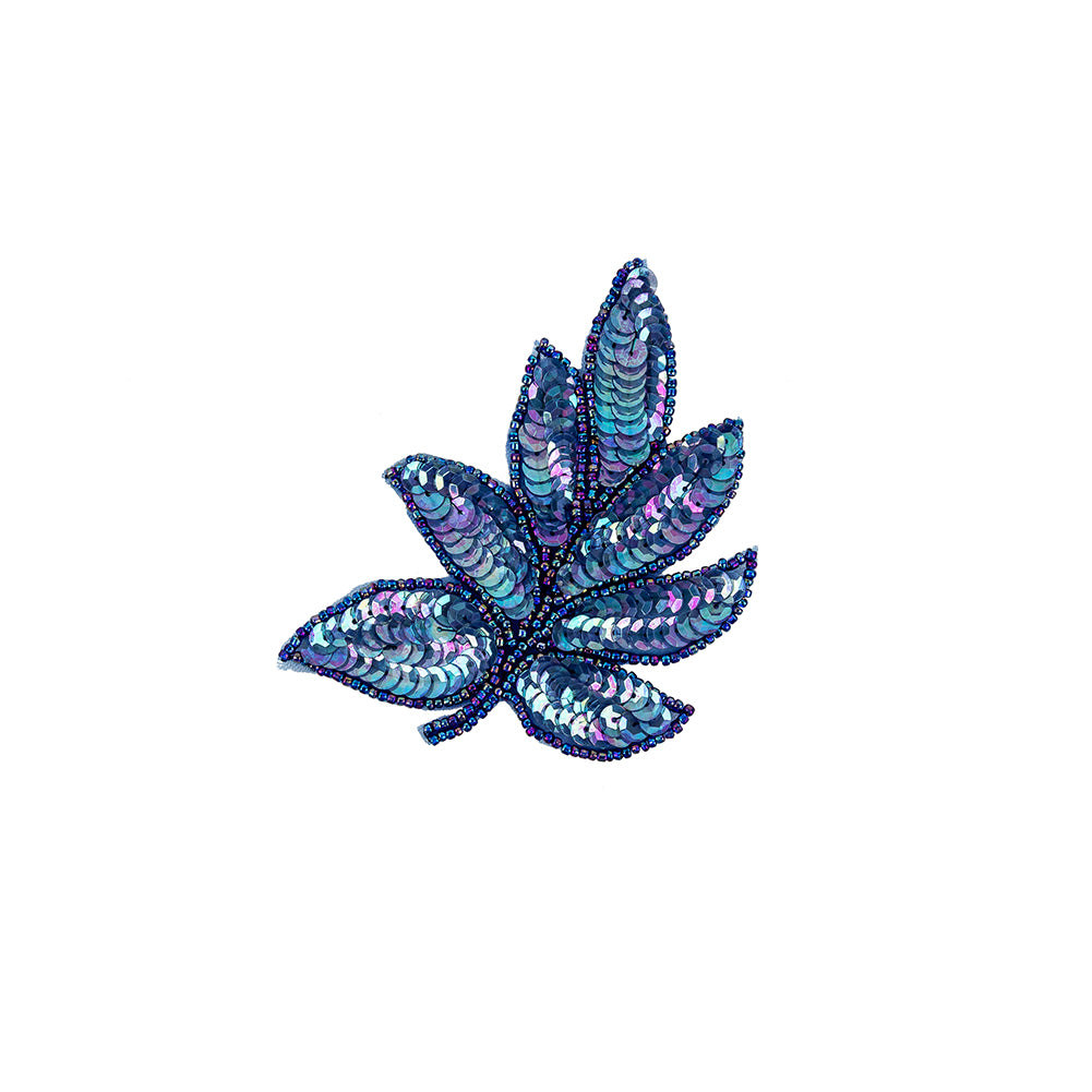 Vintage Royal Blue Iris Sequins and Blue-lined Beaded Leaf Applique - 4