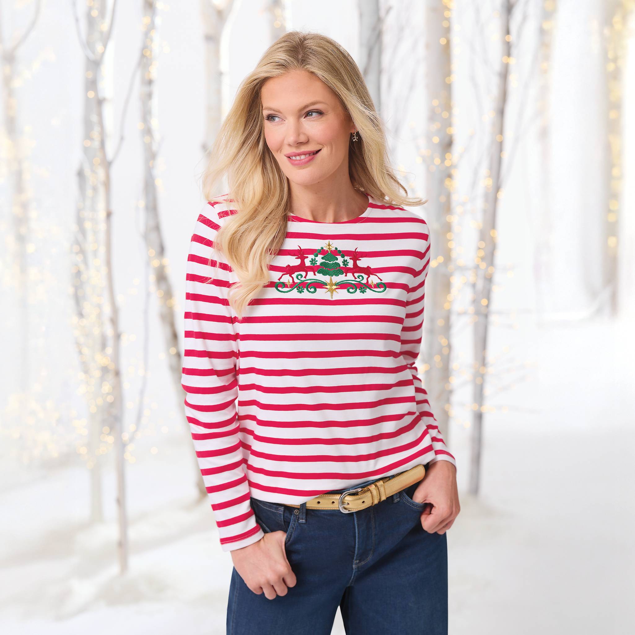 Festive Embroidered Stripe Cotton Knit Top - Northstyle Catalog