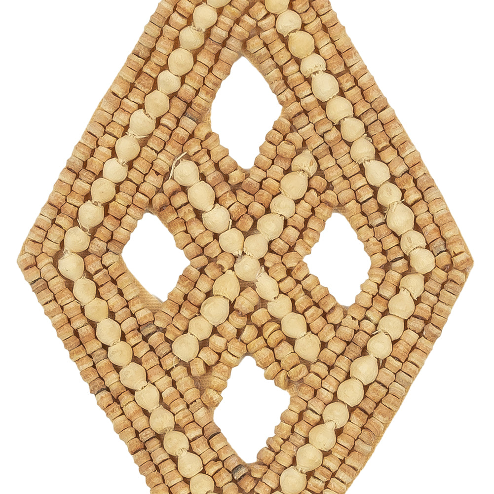 Vintage Tan and Natural Diamond Window Wood Beaded Applique - 4.25