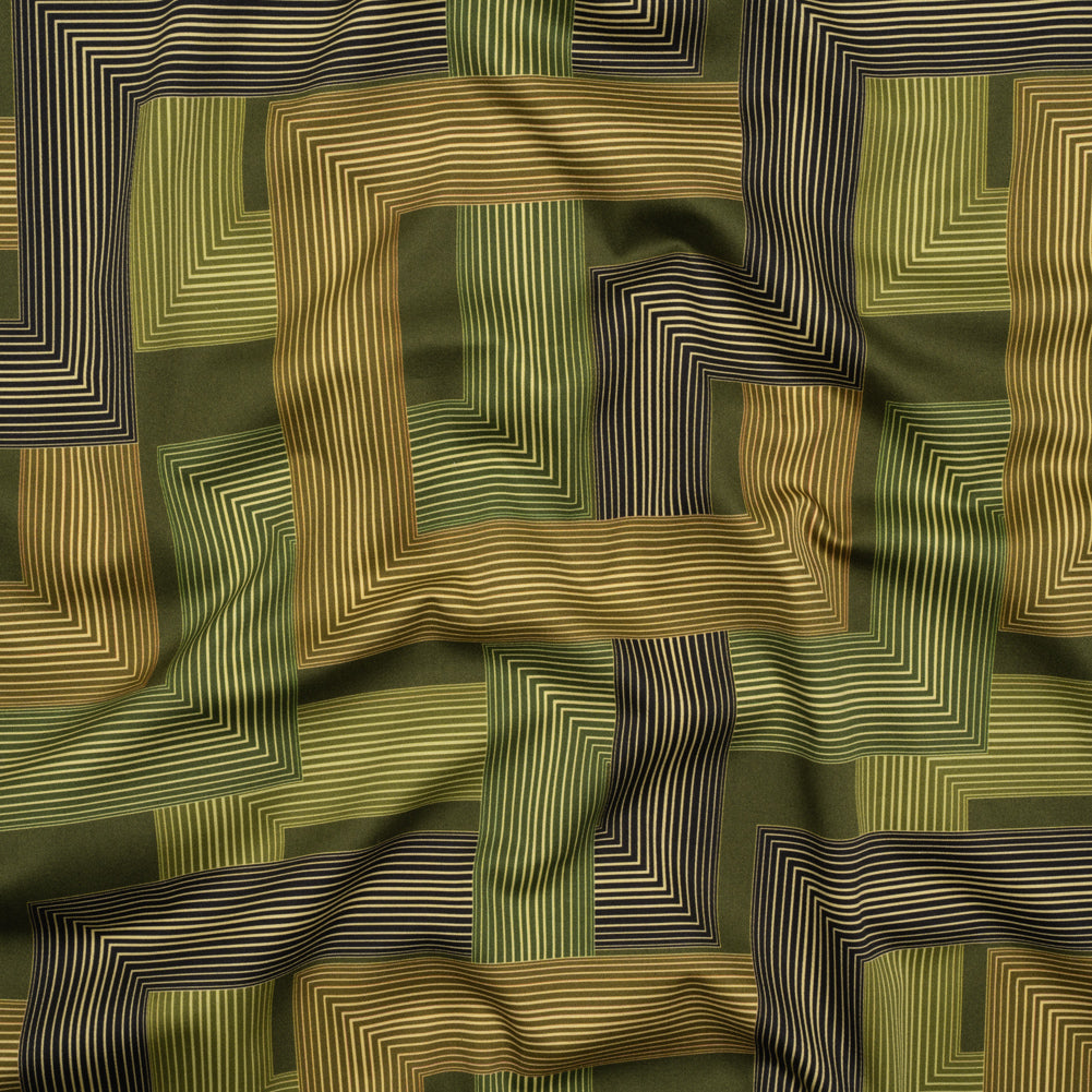 Stretch Cotton Sateen - Olive and Hunter Green Geometric Lines - Hedge Maze Print - Mood Exclusive Acadia Collection - Joann Fabrics