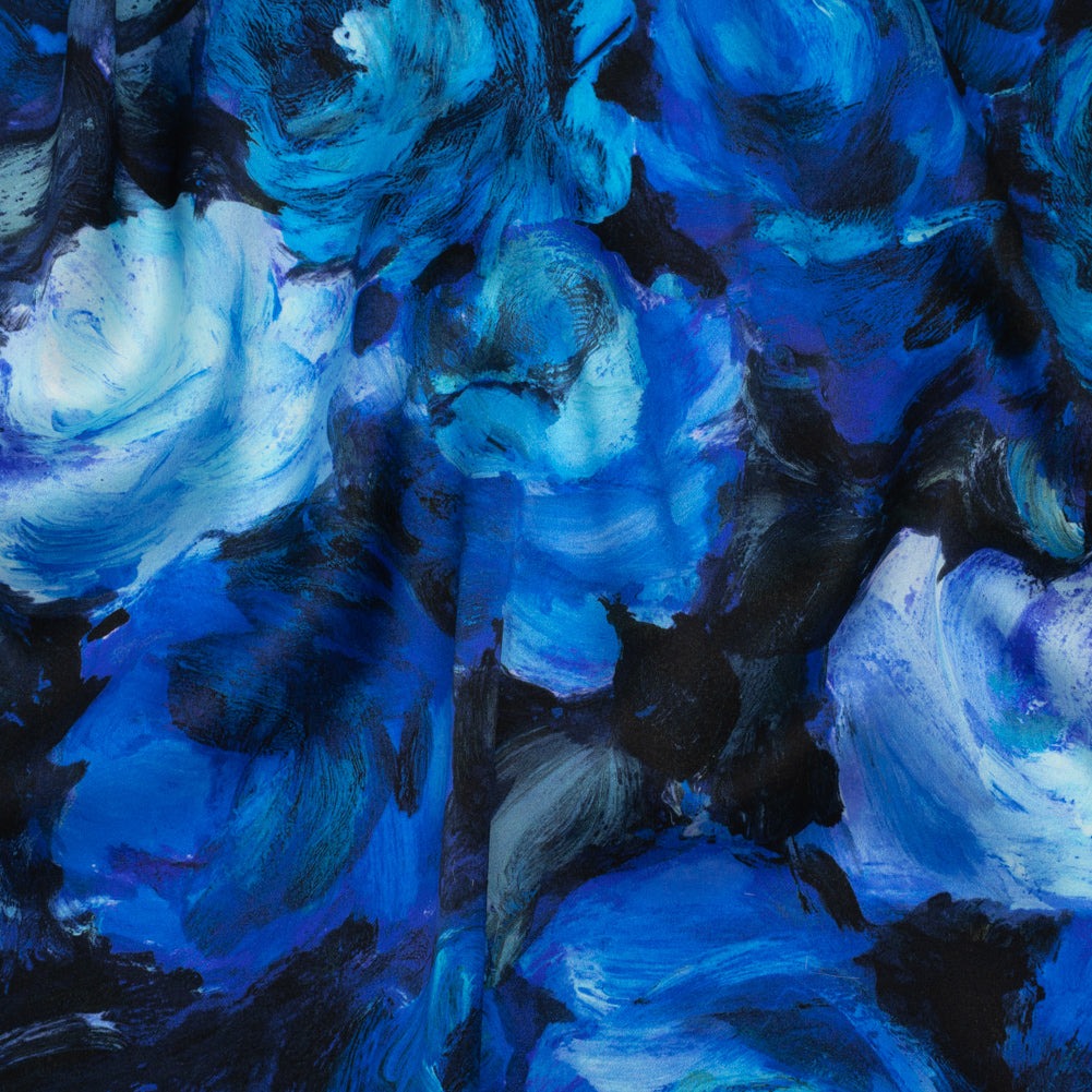Silk Charmeuse Print 16MM, Made in Italy - Sky Blue, Phthalo and Navy Painted Roses - Joann Fabrics