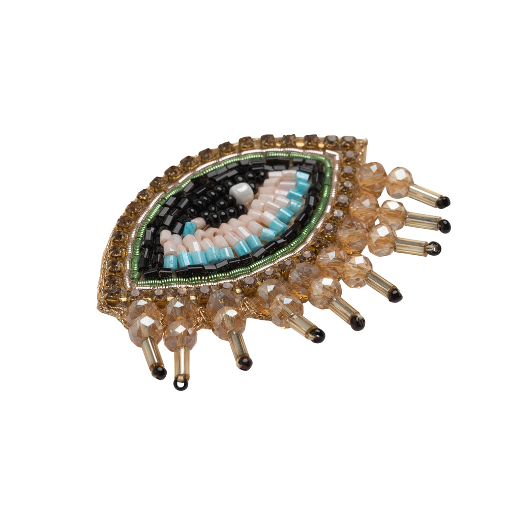 Gold, Green and Aqua Glam Eye with Lashes Glass Beaded Applique - 1.5