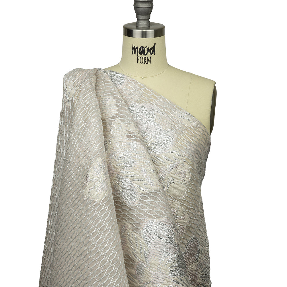 Metallic Silver, Petal Pink and Pearled Ivory Florals and Latticework Sheer Luxury Brocade - Joann Fabrics