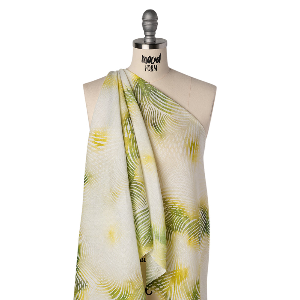 Medium Weight Linen Woven Print - Citrus Green, Yellow and White Illuminated Palm Leaves - Joann Fabrics