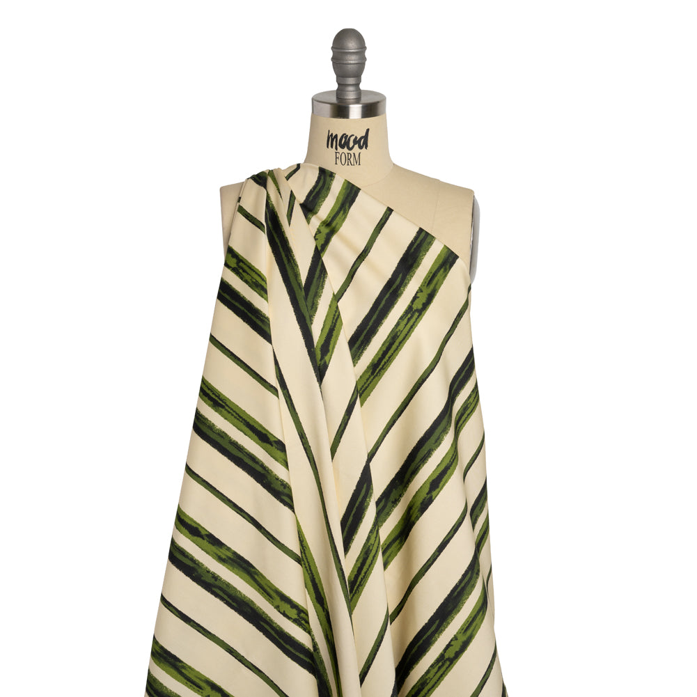Stretch Cotton Sateen - Cream and Green Painted Stripes - Verdant Trail Print - Mood Exclusive Acadia Collection - Joann Fabrics
