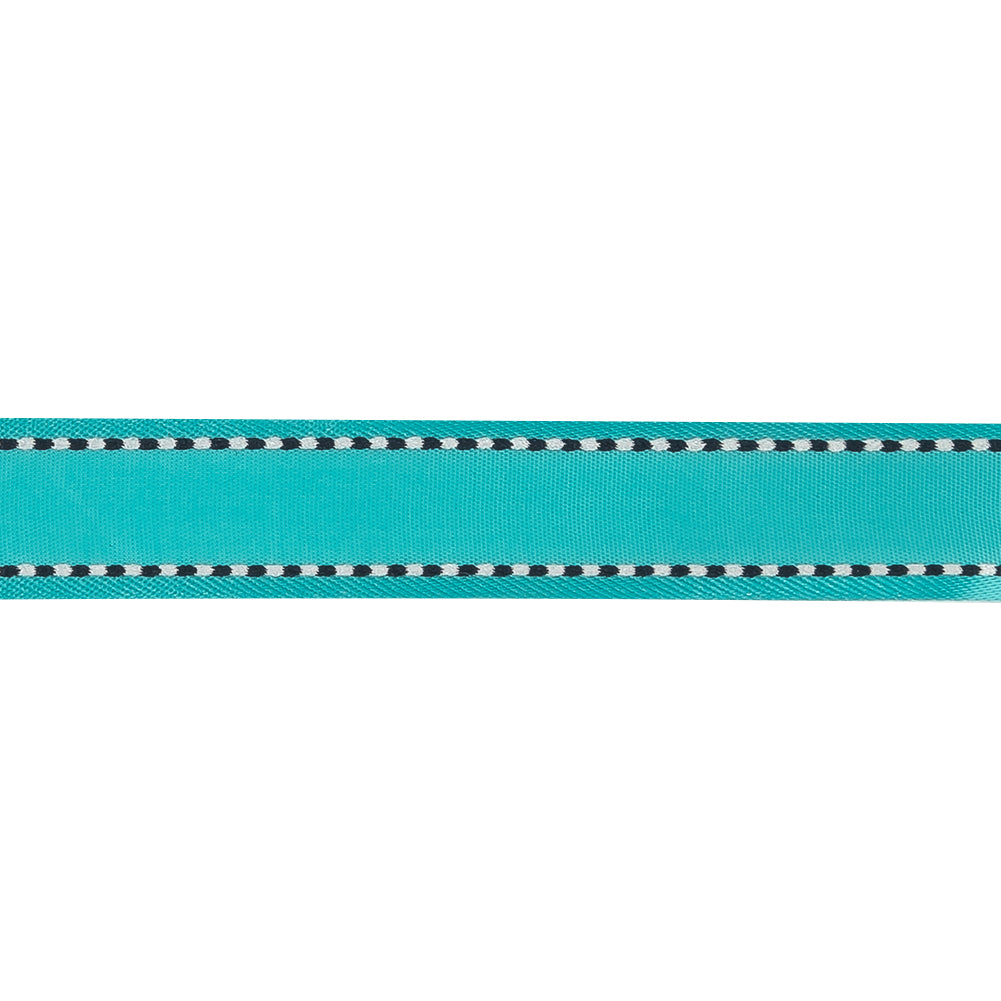 Turquoise Woven Ribbon with Navy and White Stitched Border - 0.625