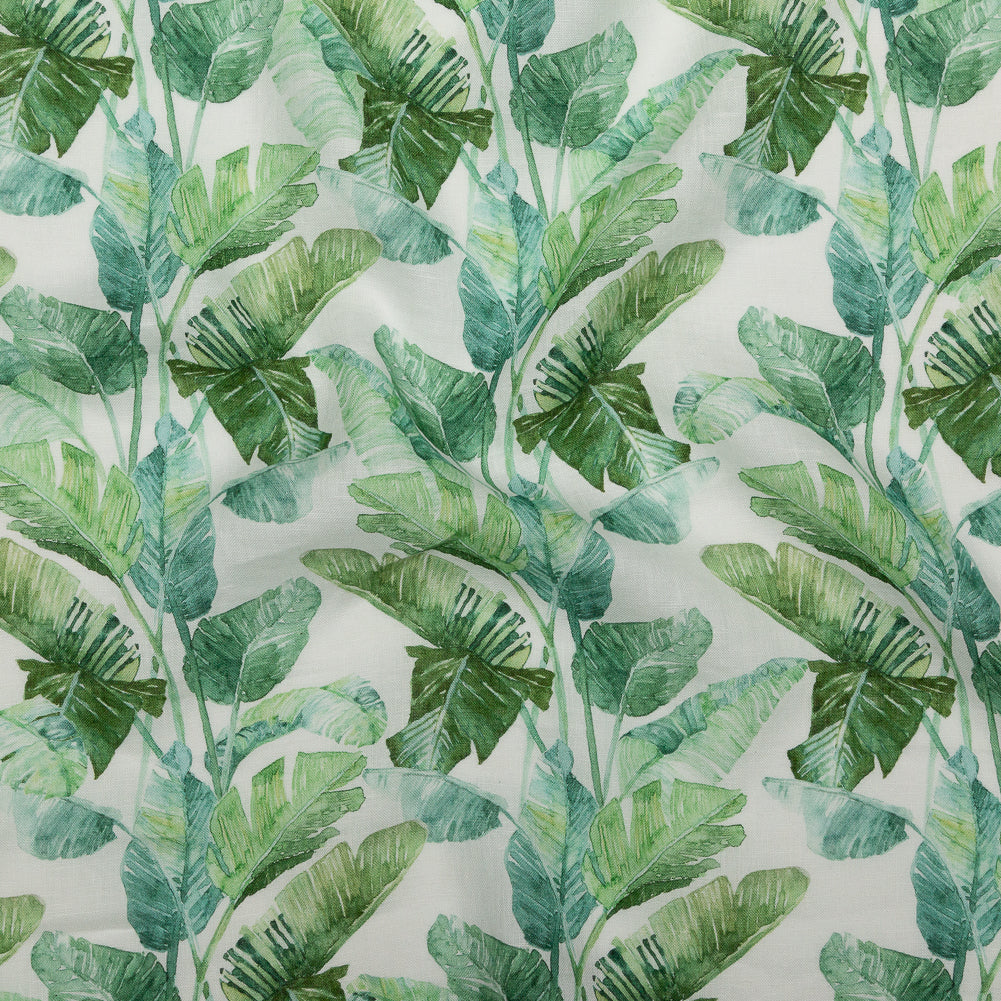 Green Banana and Palm Leaves Printed Ivory Linen Woven - Joann Fabrics