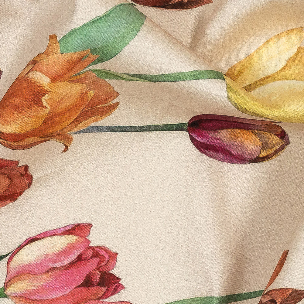 Stretch Cotton Sateen - Pink, Red and Yellow Tulips Border - Camminata Print - Mood Exclusive Viso Collection - Joann Fabrics