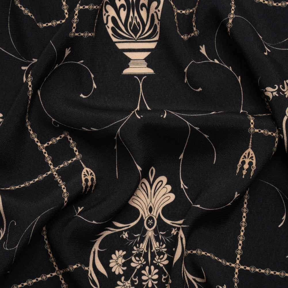 Sustainable Viscose Crepe Print - Black and Cream Flower Vases - Mood Exclusive Persephone's Treasures - Joann Fabrics