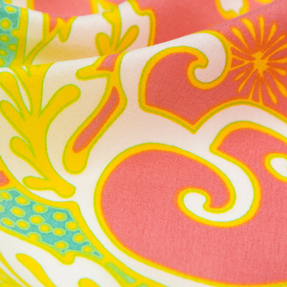 Aqua and Coral Geometric and Floral Printed Silk Crepe de Chine - Joann Fabrics
