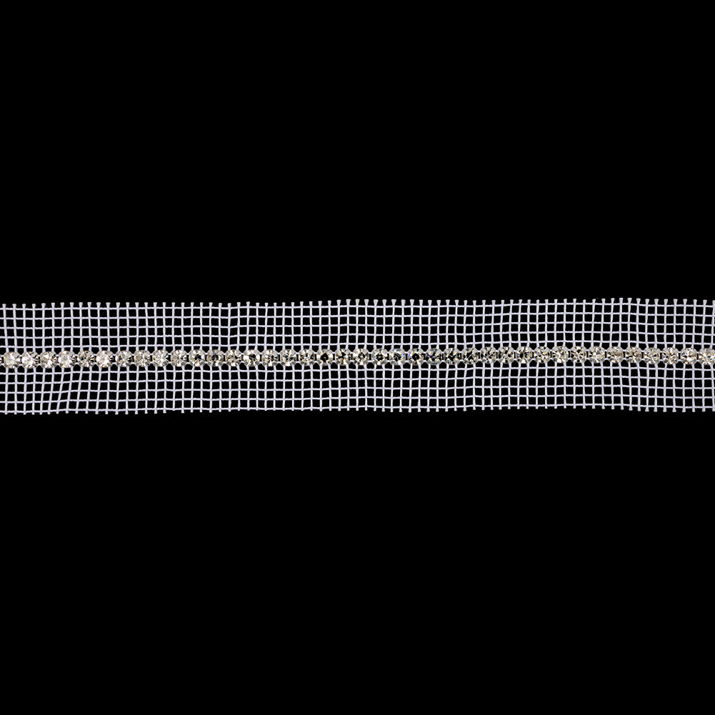 Vintage Czech Crystal and Silver Single Row Rhinestones on Double Edge White Mesh Trimming - 1.25