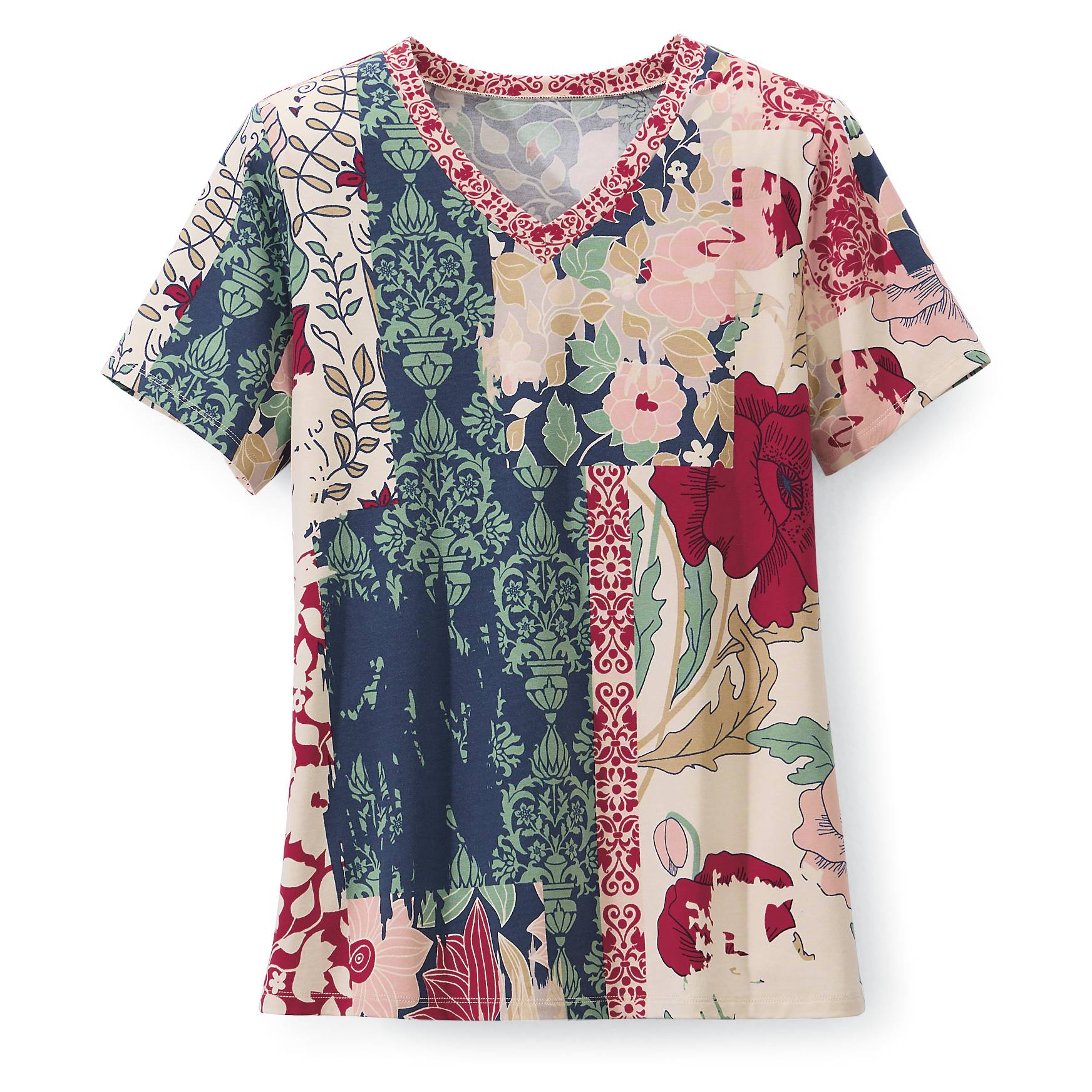 Mixed Print V-Neck Top, Short Sleeve, Knit - Northstyle Catalog