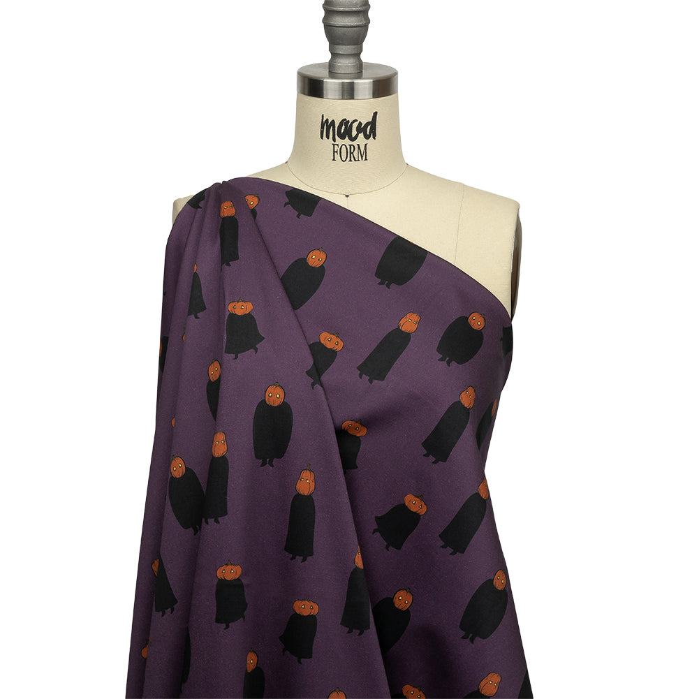 Stretch Cotton Sateen - Purple Pumpkin People - Pumpkin Patch Print - Mood Exclusive Jack-O-Lantern Collection - Joann Fabrics