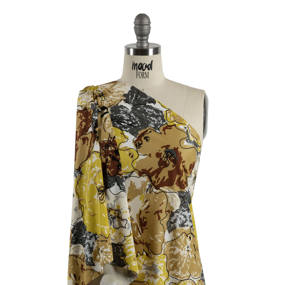 Yellow, Gold and Gray Loose Flowers and Leaves Silk Jersey - Joann Fabrics