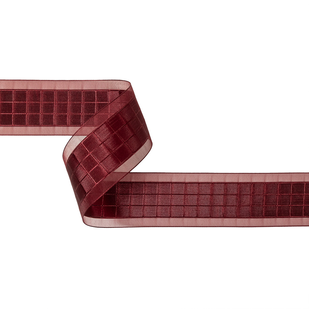 Wine Red Windowpane Checks and Sheer Borders Woven Ribbon - 1.5