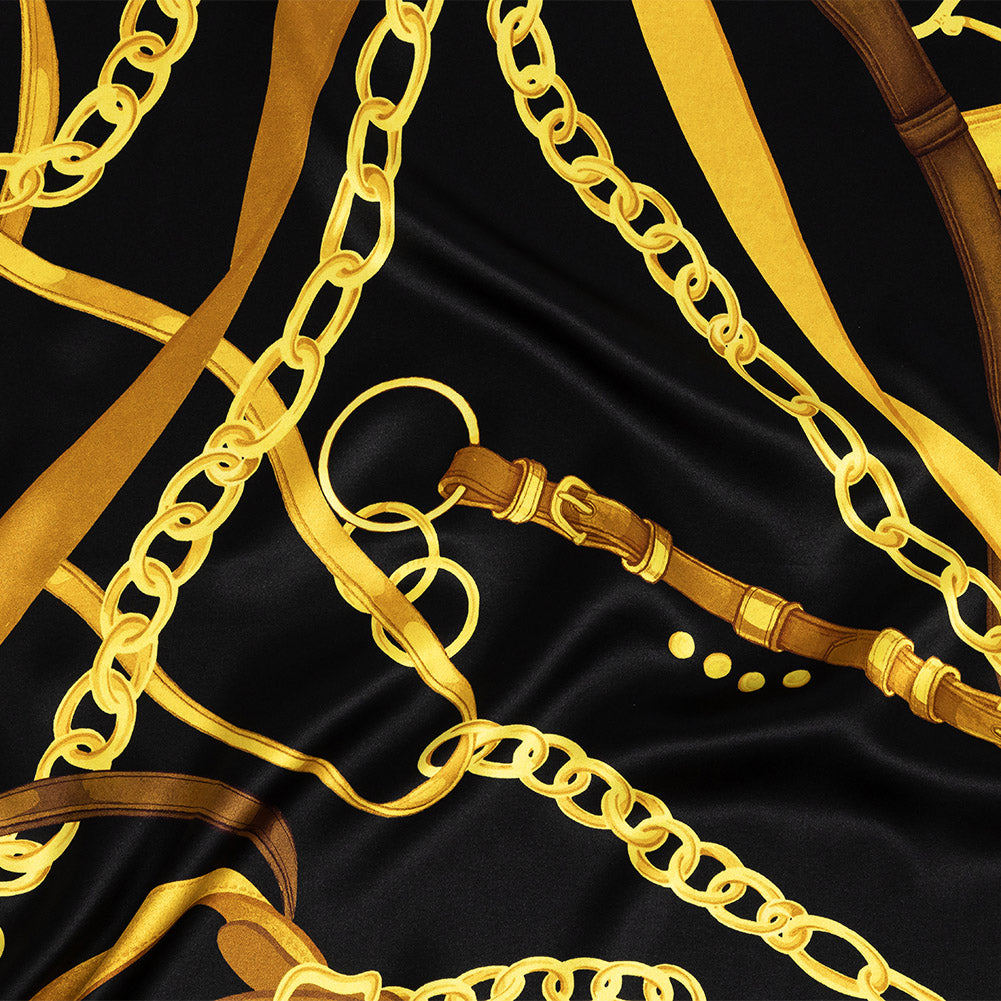 Mood Exclusive Italian Black and Gold Chains and Purse Straps Digitally Printed Silk Charmeuse - Joann Fabrics