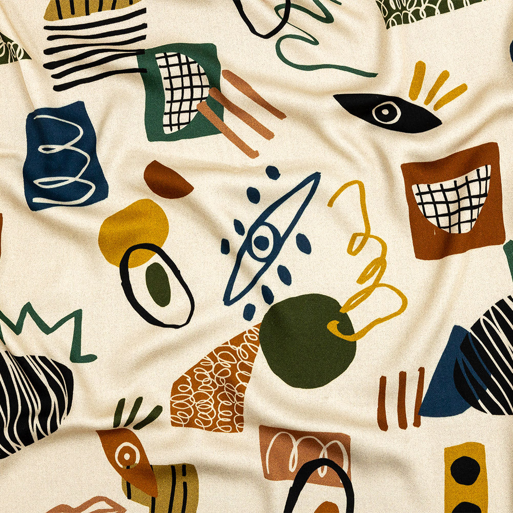 Rayon Challis - Cream and Multicolored Doodles - Sundry Symbols Print - Mood Exclusive Tumunyana Collection - Joann Fabrics