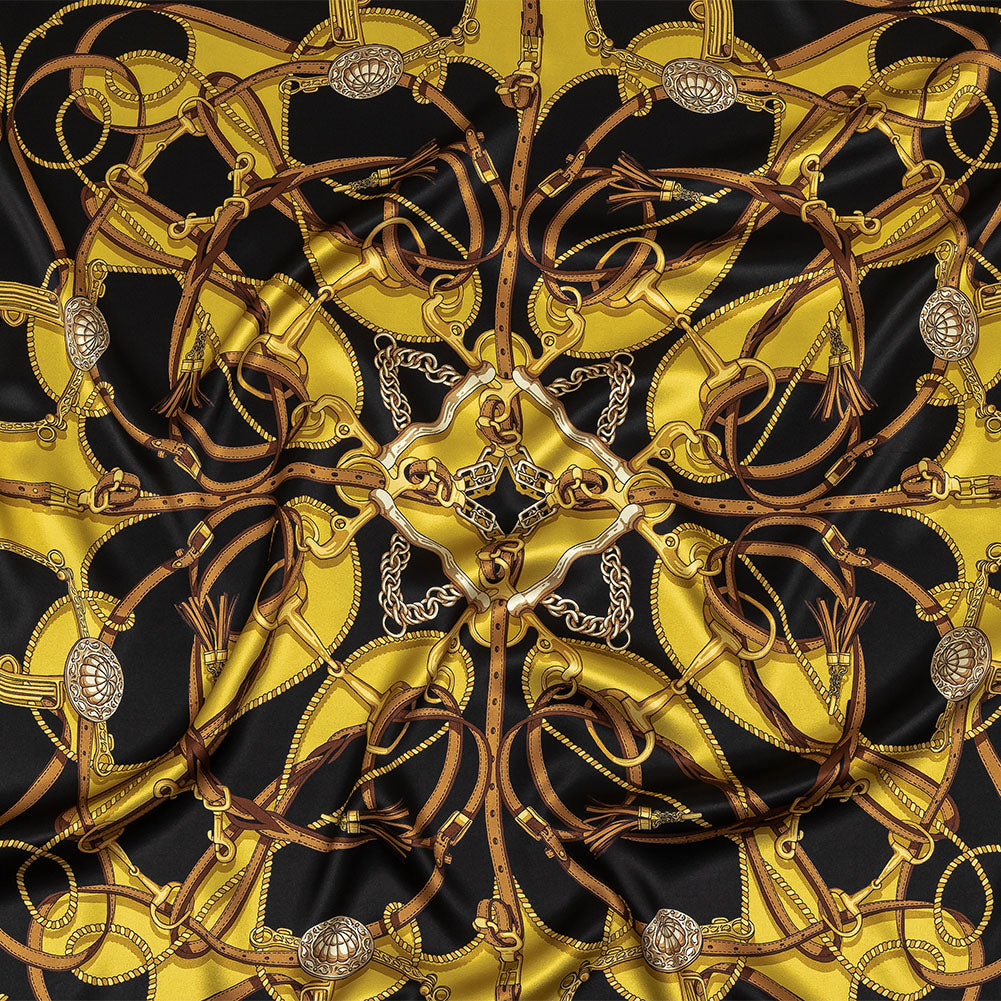 Mood Exclusive Italian Black, Yellow and Brown Bridles and Reins Silk Charmeuse Panel - Joann Fabrics