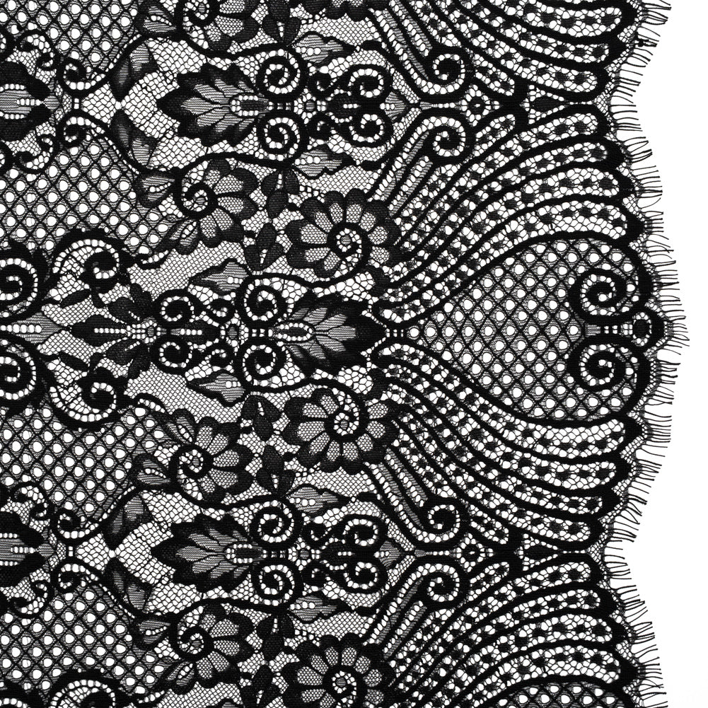 Re-Embroidered Raschel Lace with Scalloped Finished Edges - Black Leafy Swirls and Lattices - Joann Fabrics