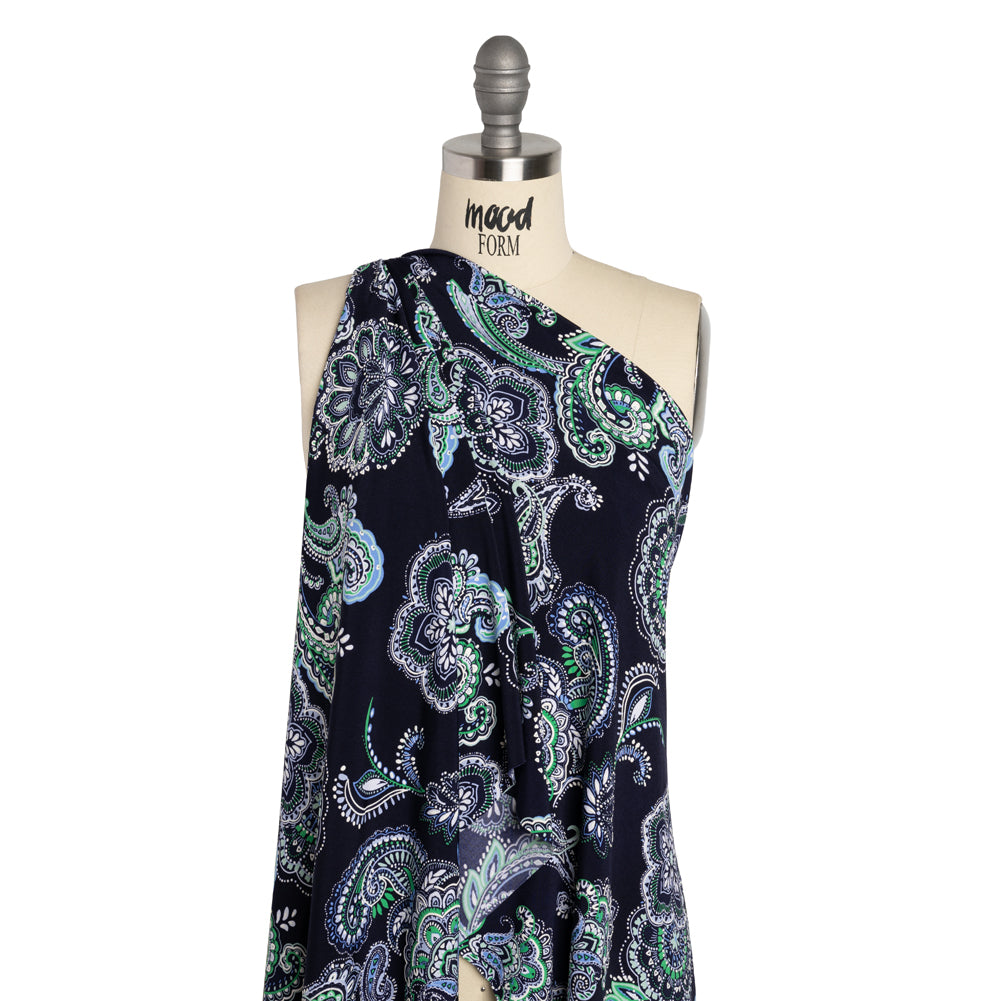 Stretch Polyester Tricot with Puff Print - Navy, Green and White Floral and Paisley - Designer Deadstock - Joann Fabrics