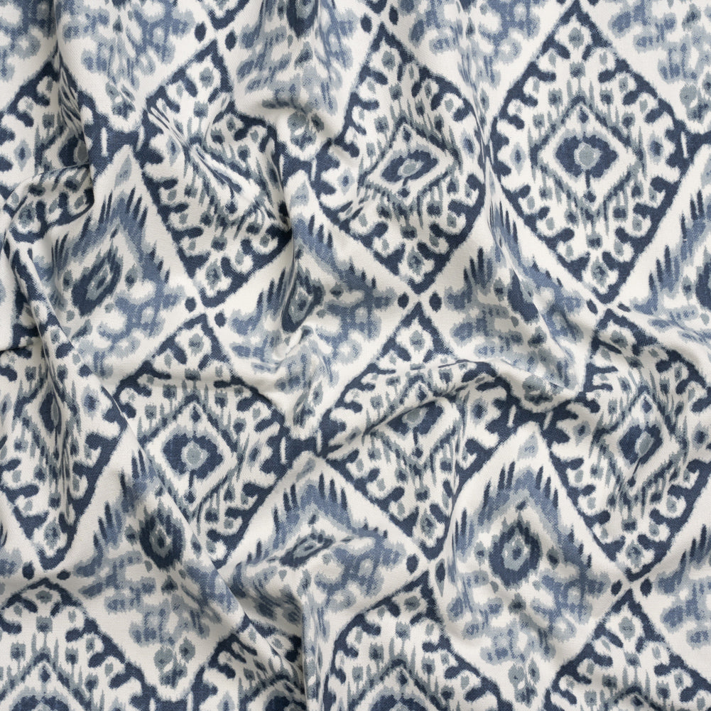 Muted Blue, Navy and White Decorative Ikat Diamonds Cotton Canvas - Joann Fabrics