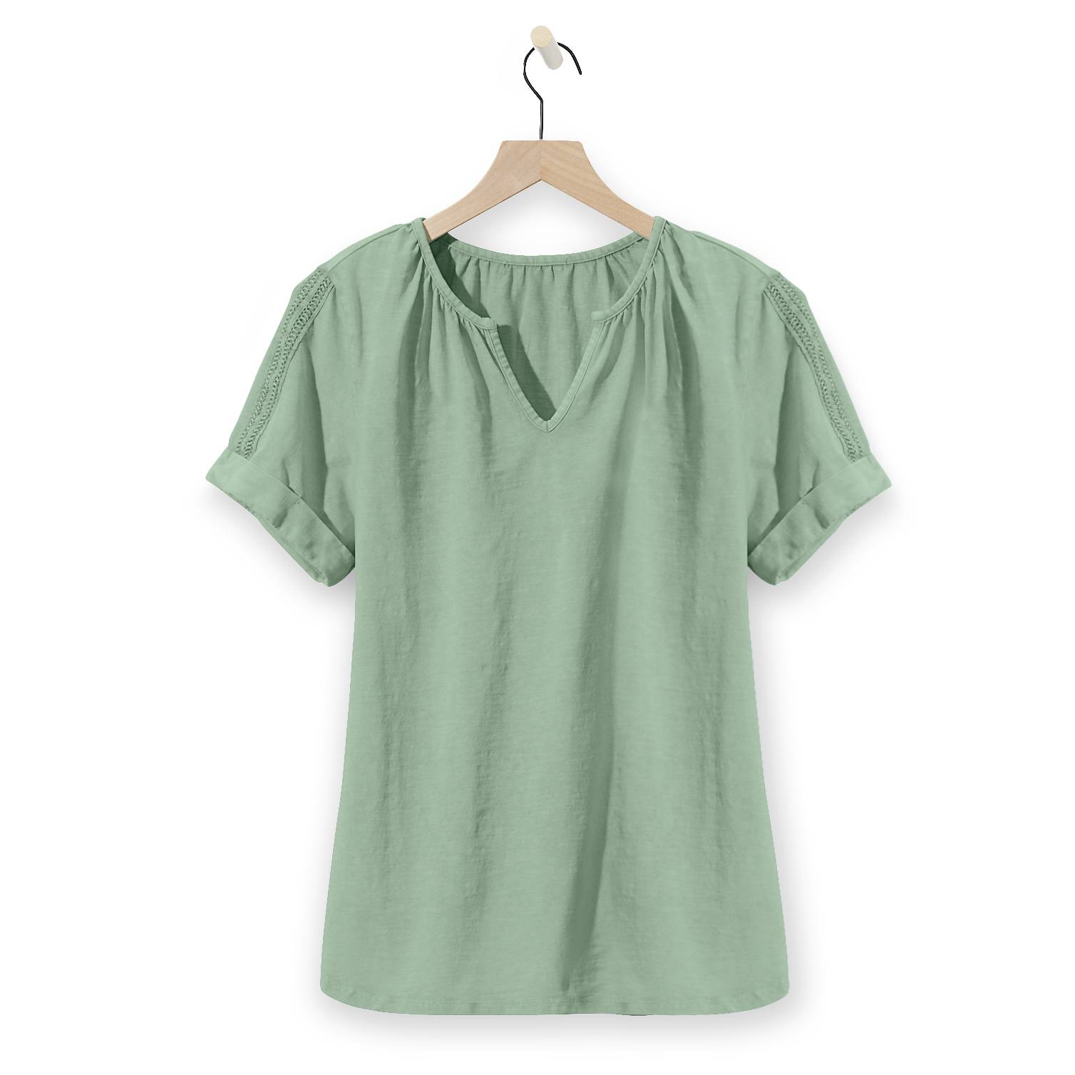 Notched-Neck Vintage-Wash Cotton Top, Short Sleeves, Crochet Detail - Northstyle Catalog