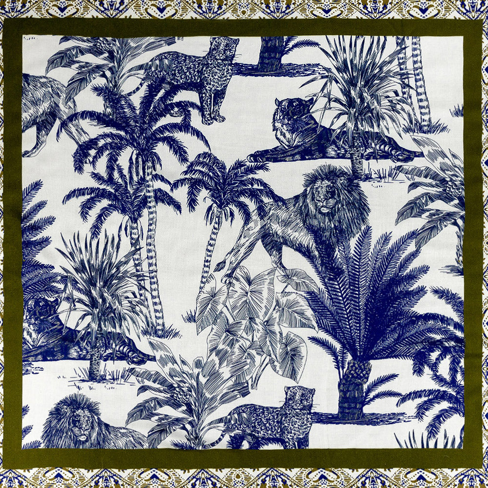 Rayon Challis Panel - Blue and White Big Cats and Leaves - Grimalkin Glare Print - Mood Exclusive Tumunyana Collection - Joann Fabrics