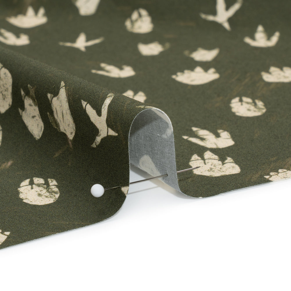 Stretch Cotton Poplin Print - Dark Olive Dinosaur Footprints - Mood Exclusive Jurassic Jubilee - Joann Fabrics