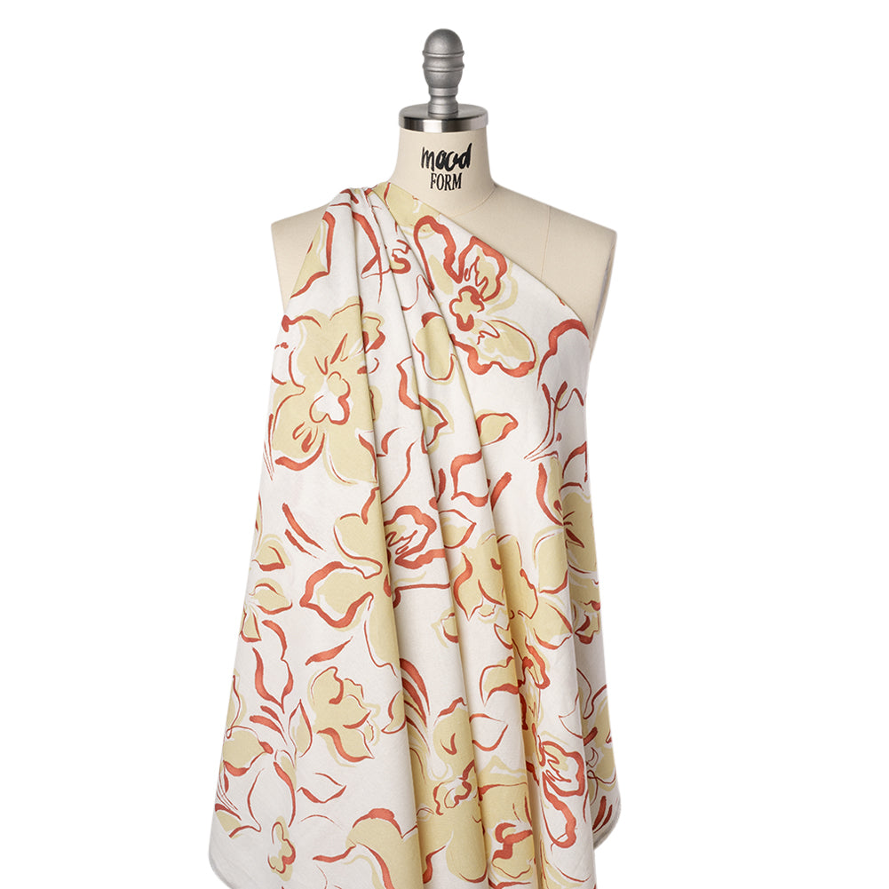 Linen and Rayon Woven - Pale Yellow, Muted Red and Off White Ink Brush Flowers - Mood Exclusive Pastel Botanica Print - Joann Fabrics