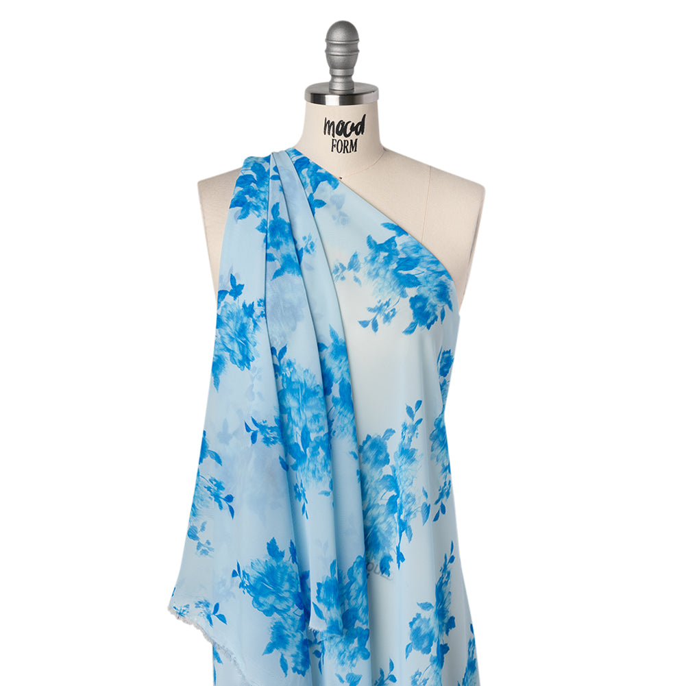 Polyester Chiffon Print - Sky and Horizon Blue Ikat Floral Bunches - Designer Deadstock - Joann Fabrics