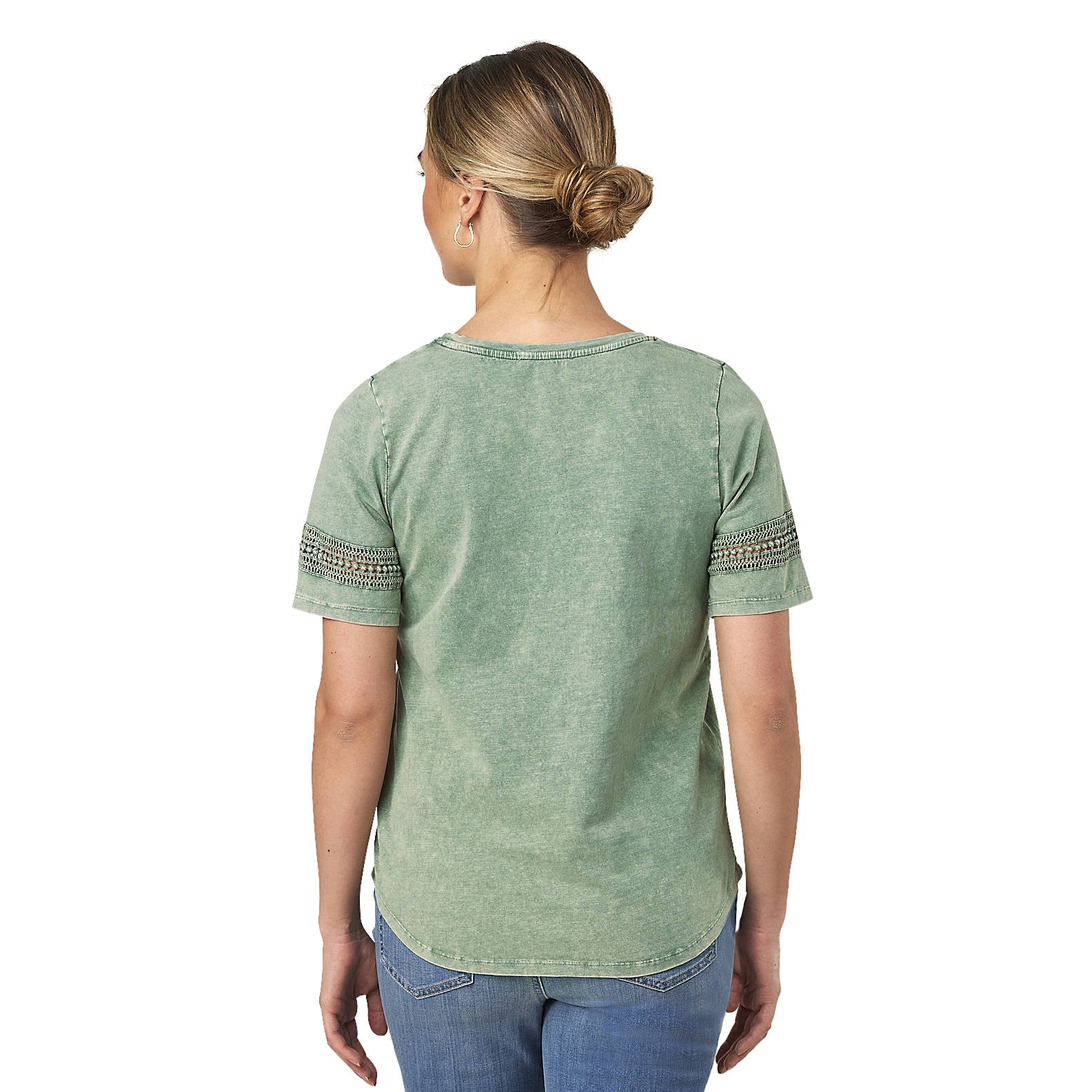 Crochet Inset Vintage Wash Top, Short Sleeves, Lace Insets, Curved Hem - Northstyle Catalog