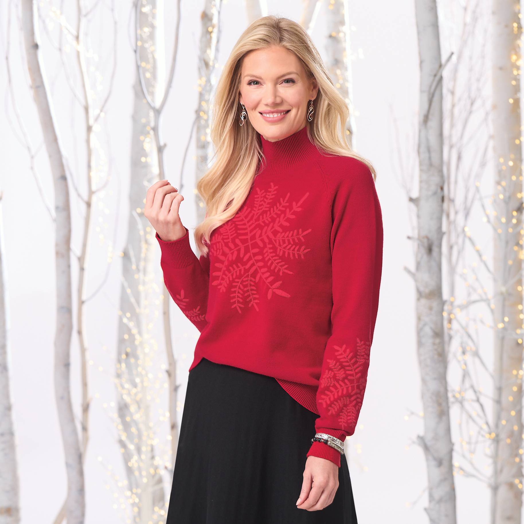 Embroidered Mockneck Sweater, Red, Supersoft - Northstyle Catalog