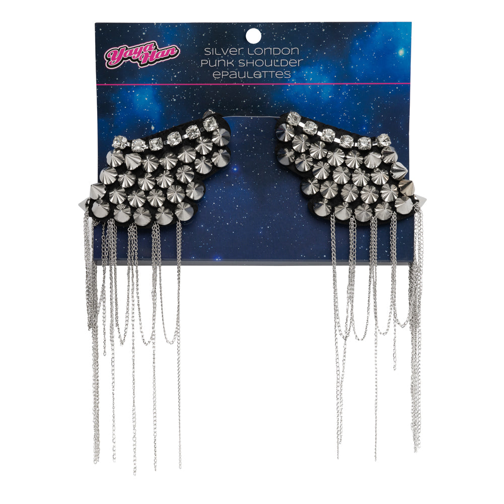 Yaya Han Rhinestones and Spikes Shoulder Epaulettes with Metal Chain Fringe - London Punk Silver and Black, 8.5