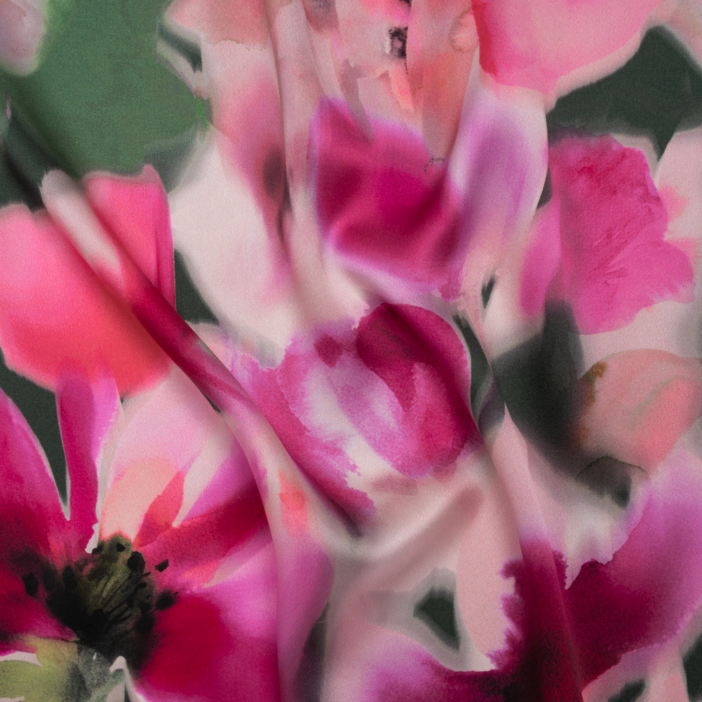 Silk Charmeuse Print 16MM, Made in Italy - Hot Pink and Forest Green Soft Watercolor Florals - Joann Fabrics