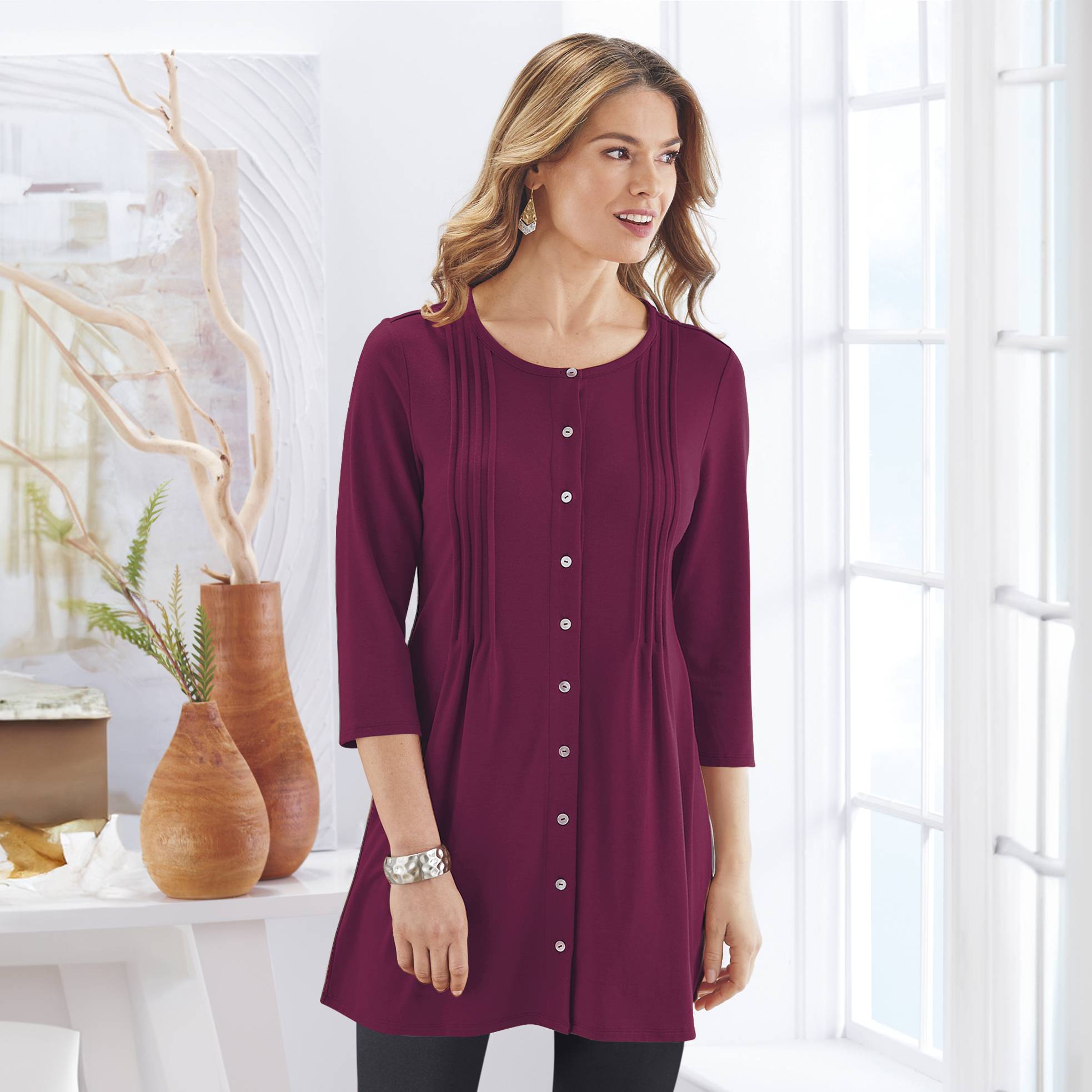 Button-Front 3/4 Sleeve Knit Tunic, Flattering Front & Back Tucks - Northstyle Catalog